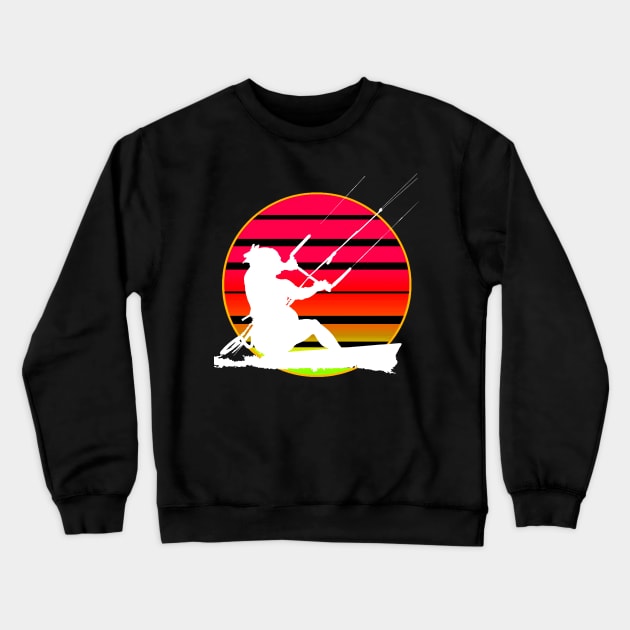 Retro Sunset KiteSurfer Riding A Wave White Silhouette Crewneck Sweatshirt by taiche